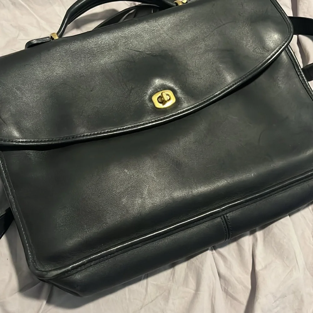 Coach Black Leather Laptop Briefcase with Gold Turn-Lock